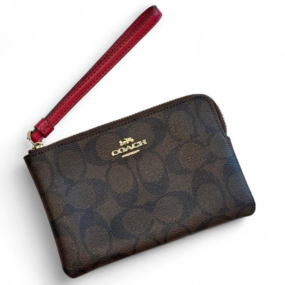 Coach Brown and Red/Fuscia Pink Signature Corner Zip Wristlet Wallet